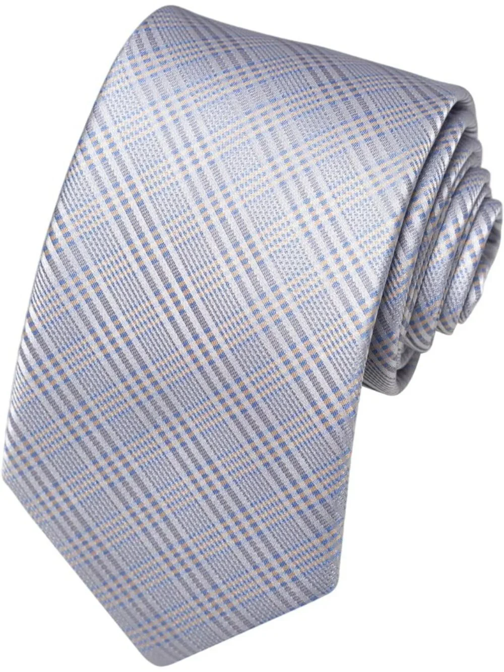 Men's Silver and Blue Plaid 100% Microfiber Formal Classic Necktie For Business